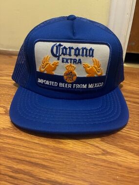 Vintage Corona Blue Trucker Hat with Gold Embroidery